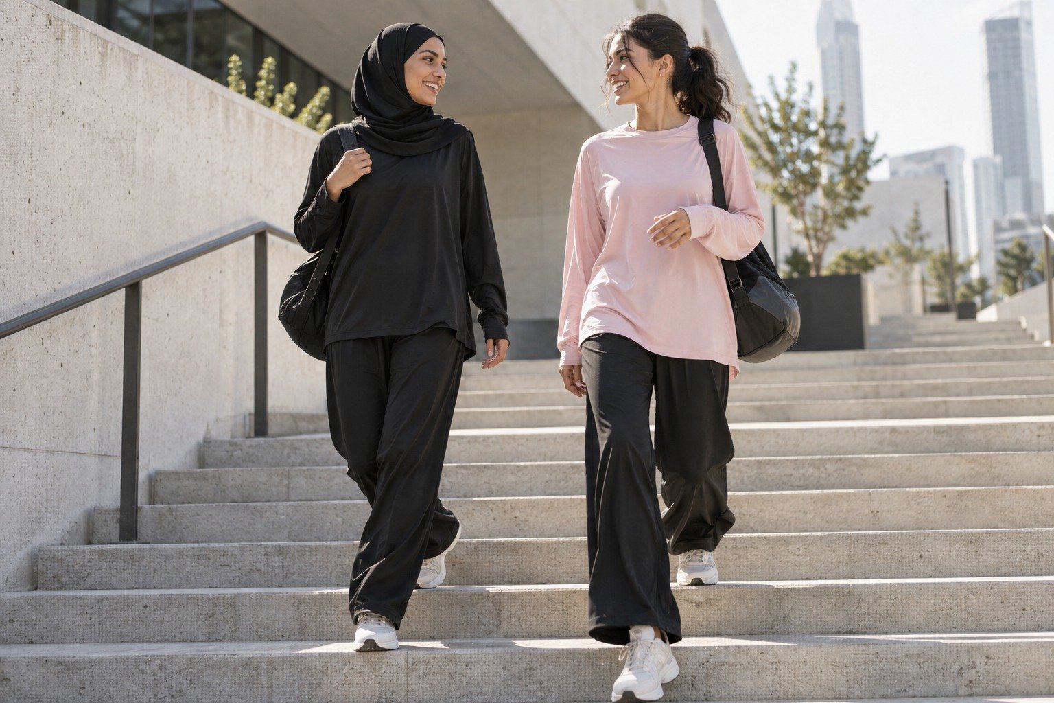 Two women in full coverage activewear walking sunlit city stairs